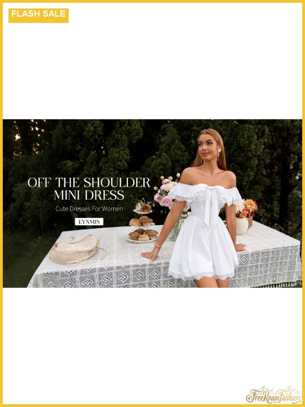 Women's Off Shoulder Mini Dress Lace Bow A Line Casual with Pocket - Picture 5 of 5